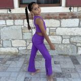 Whynot Kız Çocuk Mor Spor Takım Crop Top ve Ispanyol Paça Tayt Yazlık Rahat Şık Kombin - 5 - 6 Yaş