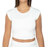 Wiawi Kadın Spor Fit Rahat Tişört Esnek Crop Top - Unique Beyaz - L