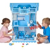 Wibo Lüks 3 Katlı Ahşap Oyuncak Bebek Evi 32 Parça | Doğal Ahşap | Mobilyalı Çocuk Oyun Seti - Mavi