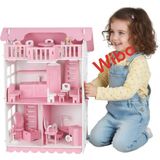 Wibo Lüks 3 Katlı Ahşap Oyuncak Bebek Evi 32 Parça | Doğal Ahşap | Mobilyalı Çocuk Oyun Seti - Pembe