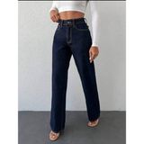 Wide Leg Kadın Likralı Palazzo Kot Denim Pantolon Kapalı Mavi - Lacivert - 34