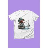 Widi Balıkçı Olta ile Balık Tutmak Deniz ve Kamp Baskılı %100 Pamuk Premium Erkek Çocuk Kız Çocuk T-Shirt - Siyah - 11 - 12 Yaş