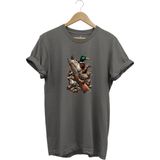 Widi Hunting Avcılık Baskılı Ördek Avı ve Tüfek Baskılı %100 Pamuk Regular Fit Bisiklet Yaka T-Shirt - Gri