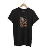 Widi Hunting Avcılık Baskılı Ördek Avı ve Tüfek Baskılı %100 Pamuk Regular Fit Bisiklet Yaka T-Shirt - Siyah