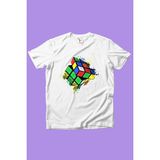 Widi Rubik Küp Baskılı Renkli Cool %100 Pamuk Kız Çocuk Erkek Çocuk Beyaz T-Shirt - Mavi