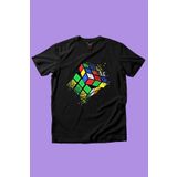 WİDİ Rubik Küp Baskılı Renkli Cool %100 Pamuk Kız Çocuk Erkek Çocuk Siyah T-shirt