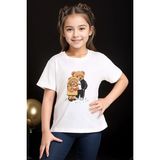 Widi Sevimli Çift Sevgili Ayı Tedy Cool Ayıcık Baskılı %100 Pamuk Erkek Çocuk Kız Çocuk Beyaz T-Shirt - Turuncu