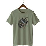 Widi Unisex Yayın Balığı Baskılı Tişört – Olta Balıkçılığı ve Outdoor Temalı Bisiklet Yaka - Haki - XL