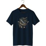 Widi Unisex Yayın Balığı Baskılı Tişört – Olta Balıkçılığı ve Outdoor Temalı Bisiklet Yaka - Lacivert - XL