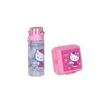 Wiggle Hello Kitty 2'li Set, 500ml Pipetli Askılı Su Matarası, 4 Bölmeli Çocuk Beslenme Kabı Kaşık ve Çatallı, Pembe