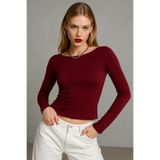 WILD BEE Kadın Bordo Kayık Yaka Uzun Kollu Bluz