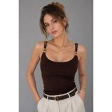 WILD BEE Kadın Kahverengi Aksesuar Detaylı İp Askılı Slim Fit Bluz
