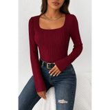 Wild Flower Bordo Elastanlı Beyaz Bluz Yüksek Bel Uzun Kollu Kare Yaka Örme Kumaş Bahar Sonbahar Kış Bluz