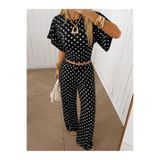 Wild Flower Kadın Puantiyeli İkili Takım Crop Bluz Bol Paça Pantolon
