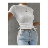 Wildco Beyaz Dantel Desenli Kısa Kollu Crop Bluz, Beyaz Fisto Detaylı Yan Büzgülü Crop Bluz Nakış Desenli
