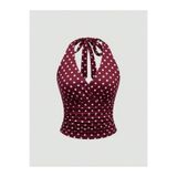 Wildco Bordo Beyaz Puantiyeli Boyundan Çapraz Bağlamalı Crop Bluz, Kadın Boyundan Askılı Puantiyeli Crop
