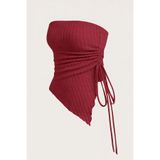 Wildco Bordo Fitilli Triko Asimetrik Kesim Straplez Bluz, Bordo Fitilli Triko Straplez Ayarlanabilir Bağcık