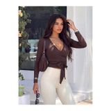 Wildco Kahverengi Kruvaze V Yaka Belden Bağlamalı Uzun Kollu Bluz, Acı Kahve Kruvaze Crop Bluz
