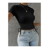 Wildco Siyah Fisto Detaylı Yan Büzgülü Crop Bluz,Kısa Kollu Yazlık Kadın Üst,Siyah Dantel Desenli Crop Bluz