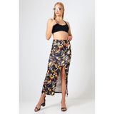 Win Moda Dalgıç Kumaş Yırtmaçlı Uzun Etek Çok Renkli Desen 92 cm Rahat ve Şık - XS