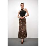 Win Moda Desenli Saten Etek - Saten Etek - Uzun Etek / Kod Çokrenkli - Kiremit - 2XL