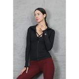 Win Moda Kadın Baskılı Spor Uzun Ceket Light Warm Running Dik Yaka Fermuarlı - Siyah