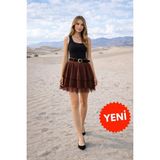 Win Moda Kadın Dantel Güpürlü Kat Kat Mini Etek – Kemerli Ithal Krep Kumaş Fermuarlı Şık Günlük Etek - Kahve - S