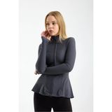 Win Moda Kadın Dik Yaka Tam Fermuarlı Spor Ceket – Volan Detaylı, Parmak Geçmeli | Xs-2xl - Koyu Gri