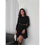 Win Moda Kloş Süet Etek Kemerli / Suede Skırt - Siyah
