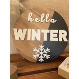 Windly Concept Hello Winter Kış Temalı Ahşap Duvar Dekoru Dekoratif Yılbaşı Süsü Ahşap Duvar Süsü 30 cm çap Siyah beyaz
