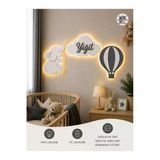 Windly Concept Kişiye Özel Bebek Odası İsimlik Led Işıklı Fil Balon Bulut Kapı Süsü Ahşap Duvar Süsü Gri