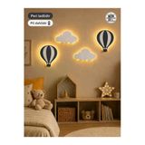 Windly Concept Led Işıklı Sıcak Hava Balonu Ve Bulut Duvar Süsü Seti Mdf Bebek Odası Dekoru Çocuk Odası Dekorasyonu Pil Dahil Gri