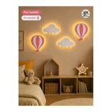 Windly Concept Led Işıklı Sıcak Hava Balonu Ve Bulut Duvar Süsü Seti Mdf Bebek Odası Dekoru Çocuk Odası Dekorasyonu Pil Dahil Pembe