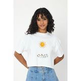 Windy Island Kadın Bisiklet Yaka Güneş Baskılı Oversize Crop T-Shirt - Beyaz