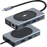 Winex 9in1 USB Type-C Hub Port Adaptör 4K HDMI USB Ethernet PD Girişli 15W Kablosuz Şarj Gri