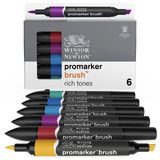 Winsor & Newton 0290126 ProMarker fırça, çizimler, kaligrafi, tasarım ve düzen için, kama ve fırça uçlu çizimler, 6 renkli set, zengin tonlar