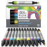 Winsor & Newton 0290165 ProMarker sulu boya kalemi – 2 uç, fırça ve ince uç, solmaz, yüksek pigmentli sulu boya kaligrafi, çizimler için, 12 renk seti, temel renkler