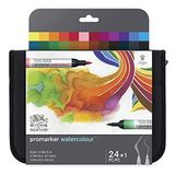 Winsor & Newton 0290171 ProMarker sulu boya kalemi – 2 uç, fırça ve ince uç, solmaz, yüksek pigmentli sulu boya, kaligrafi, çizimler için, 24 renkli set