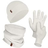 Winter Set %70 Merino Yünü Termal Bere Boyunluk ve Eldiven 3'lü Kış Seti - Ekru S/M