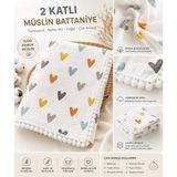 WinterSun Baby Ponpon Detaylı Kalpli Desenli 2 Kat Müslin Bebek Battaniyesi 80 x 90 - Beyaz