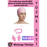 Wintoup #Bone Esnek Yumuşak Havuz Deniz Su Geçirmez Elastik Bez Saç Bonesi Kulak Burun Tıkacı Şık Özel Set
