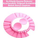 Wintoup Premium Sağlıklı Malzeme Su Köpük Kaçmaz Ayarlanabilir Düğmeli Kulaklıklı Pembe Bebek Banyo Şapkası