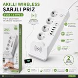 Wirelles Şarj 3000W Yüksek Güçlü Akım Korumalı Priz - 4 Soket + Hızlı Şarj USB ve Type-C Girişli Hızlı Şarj Isıya Dayanıklı
