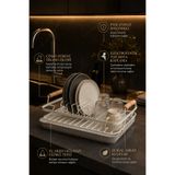 Wirewel Ahşap Kulplu Lüks Tezgah Üstü Tepsili Bulaşıklık Organizer, Paslanmaz Metal Premium Bulaşık Tabaklık Kurutma Sepeti