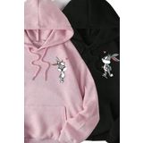 Wish BF Bugs Bunny Sevgili Çift Kombin - Siyah Pembe Baskılı Oversize Kapüşonlu Sweatshirt