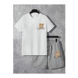 Wish BF Teddy Bear Baskılı Oversize Salaş T-Shirt & Şort Takım-Siyah Beyaz Yazlık Alt Üst 2'Ii Şortlu Takım
