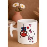 Witchy Co Örümcek Adam & Hello Kitty Baskılı Kalpli, Sevgililere Özel Kupa Bardak ( 1 Adet Bardak )