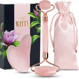 WITTY Yüz için gül kuvars rulo, Gua Sha taşı seti, elle çizilmiş hediye kutusunda, yeşim yüz rulosu, yüz masajı rulosu, yüz kazıyıcı aleti, yüz silindiri, cilt bakımı, gözler, boyun için Guasha aleti - ekstra kese
