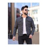 WKM Erkek Gri Jean Denim Standart Kalıp Cepli Düğmeli Kot Ceket