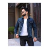 WKM Erkek Yeşil Tint Jean Denim Standart Kalıp Cepli Düğmeli Kot Ceket